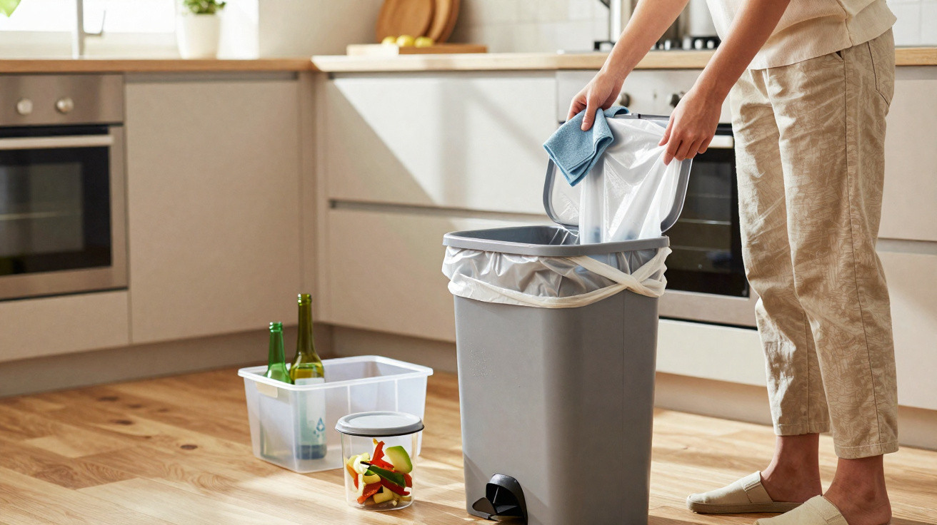 Person removing a rubbish bag from a grey pedal bin in a modern kitchen with recycling containers on the floor.