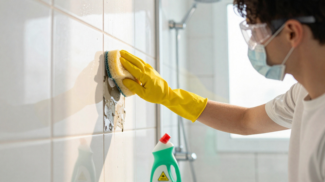 Person wearing yellow gloves and a mask cleaning bathroom tiles with a sponge and detergent.