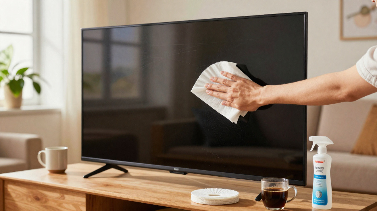 Person cleaning a flat-screen TV with a cloth using screen cleaner in a bright living room.
