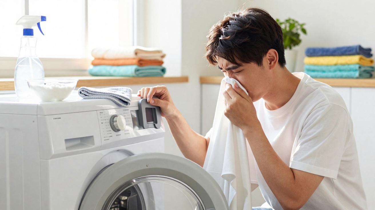 Man checking washing machine while holding a tissue to his nose in a bright laundry room
