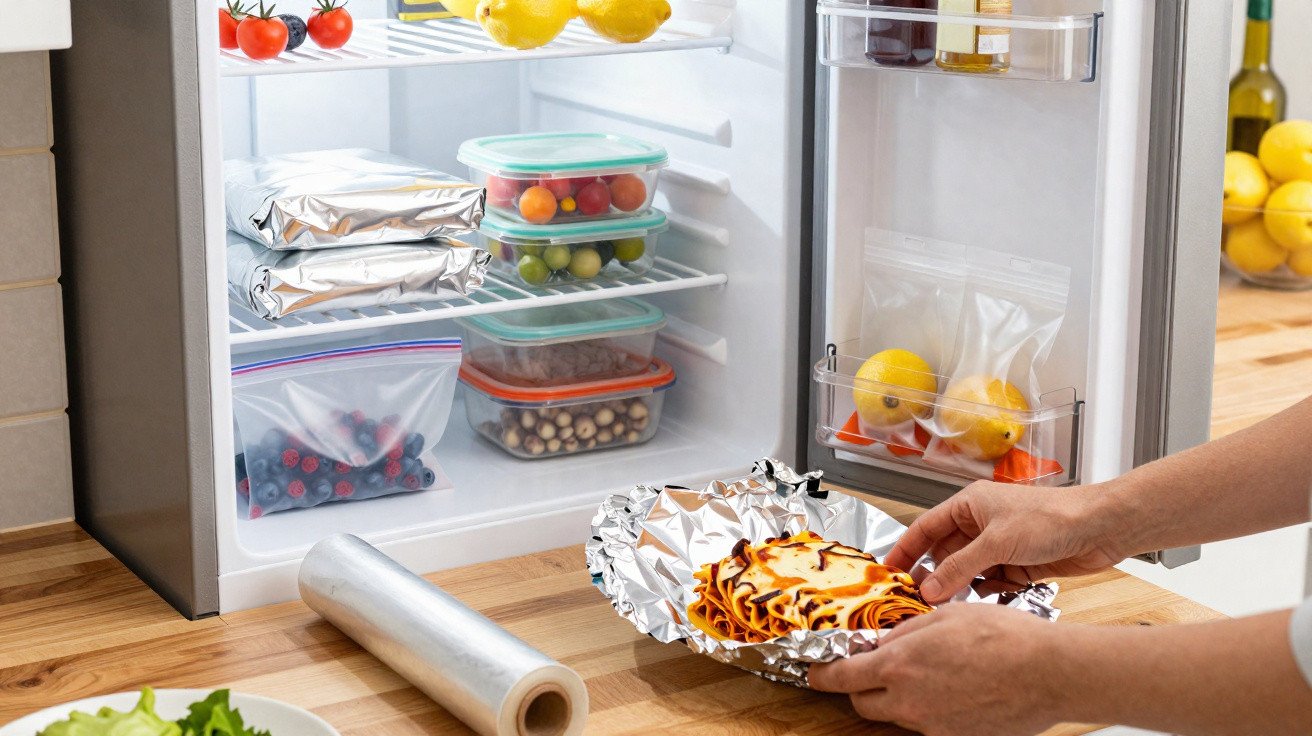 Person placing lasagne wrapped in aluminium foil on a wooden counter next to an open fridge with fresh food.