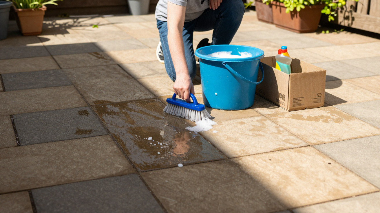 Person scrubbing a tiled patio floor with a brush, blue bucket filled with soapy water, and cleaning supplies nearby.