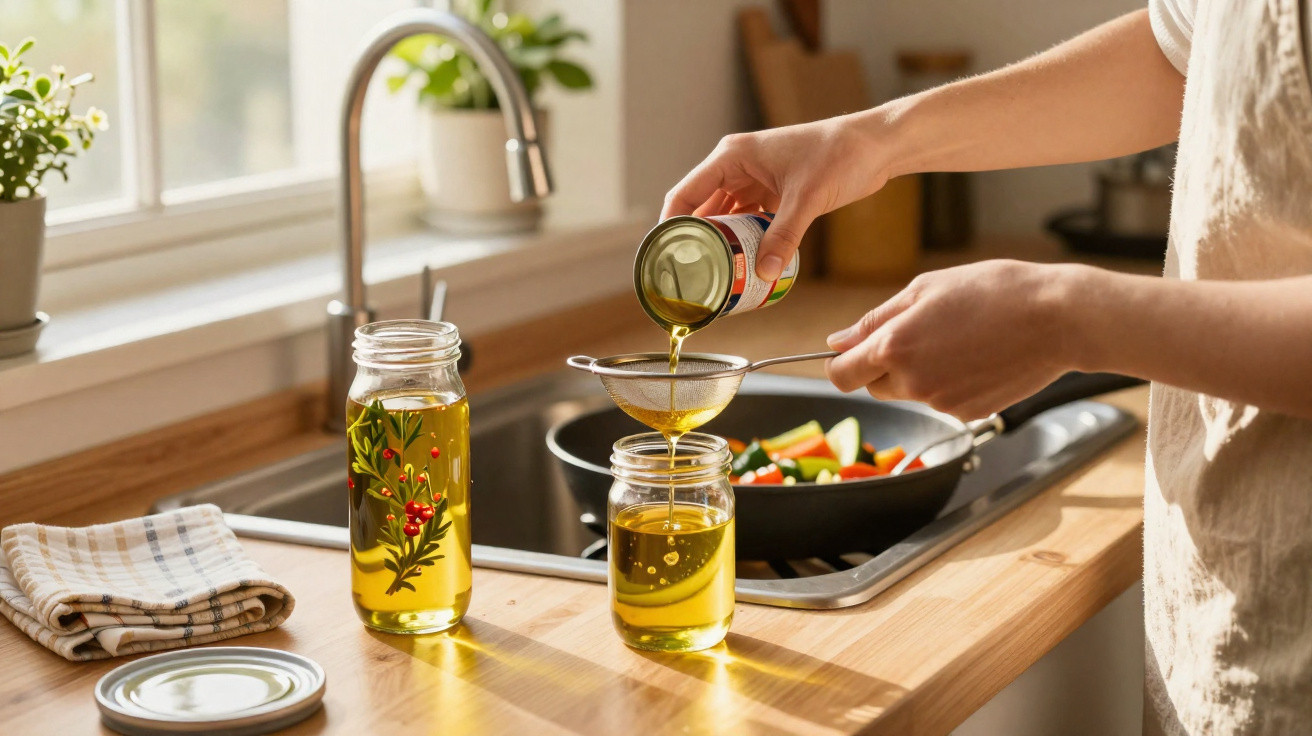 Person straining oil from a can into a jar in a kitchen with vegetables cooking in the background.