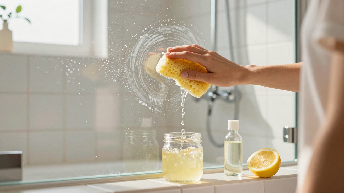 Hand wiping a bathroom mirror with a wet sponge, lemon half, glass jar, and bottle on the ledge.