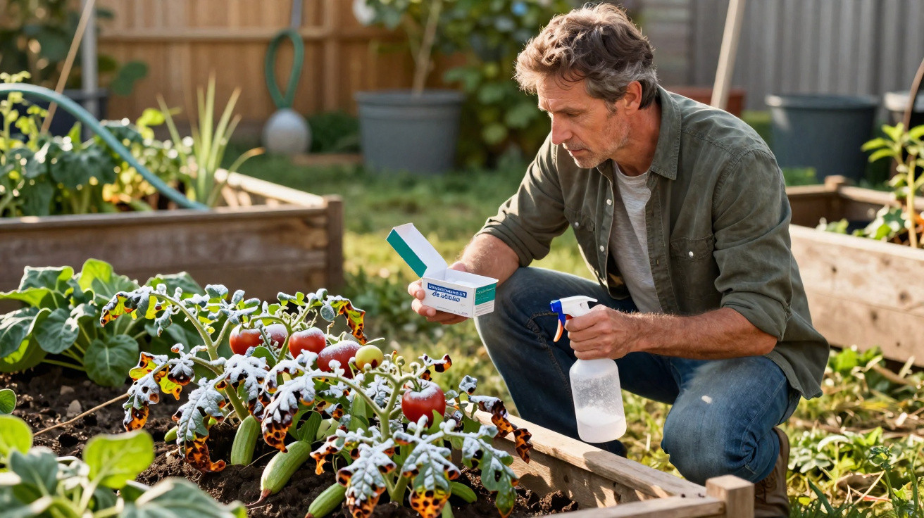 Man inspecting tomato plants with spotted leaves while holding a box and spray bottle in a garden.