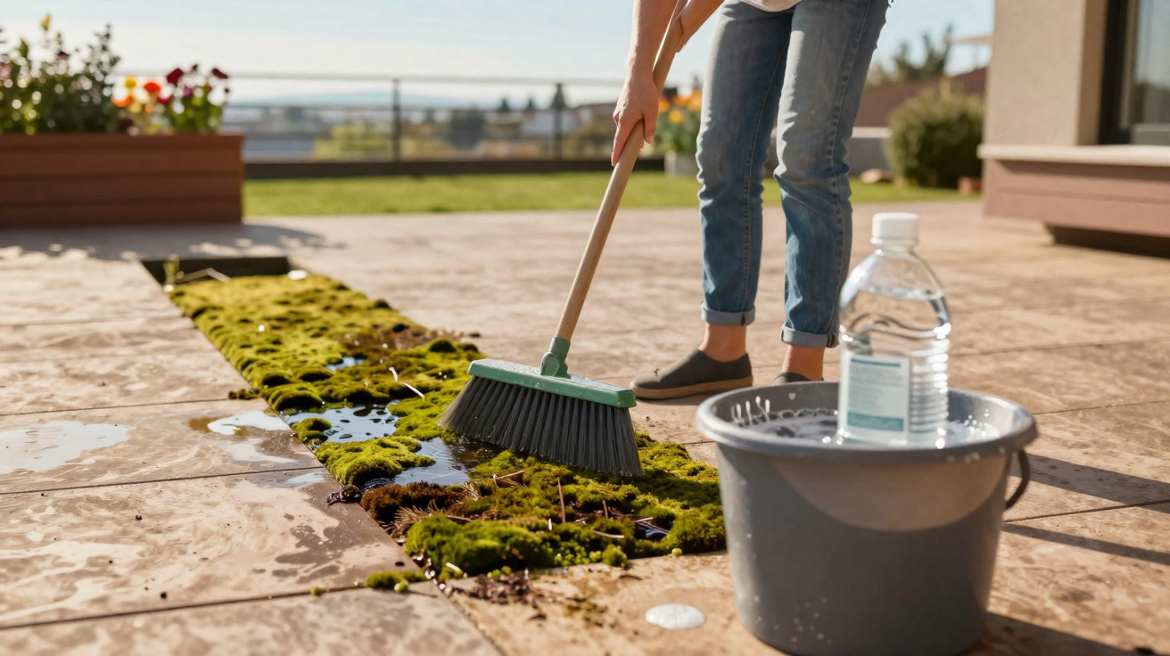 Person sweeping moss and water from outdoor tiled patio with broom and grey bucket nearby