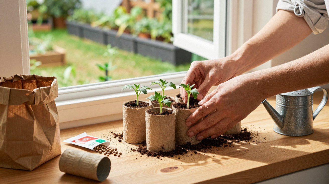 Hands planting tomato seedlings in biodegradable pots on a wooden windowsill with gardening supplies nearby.