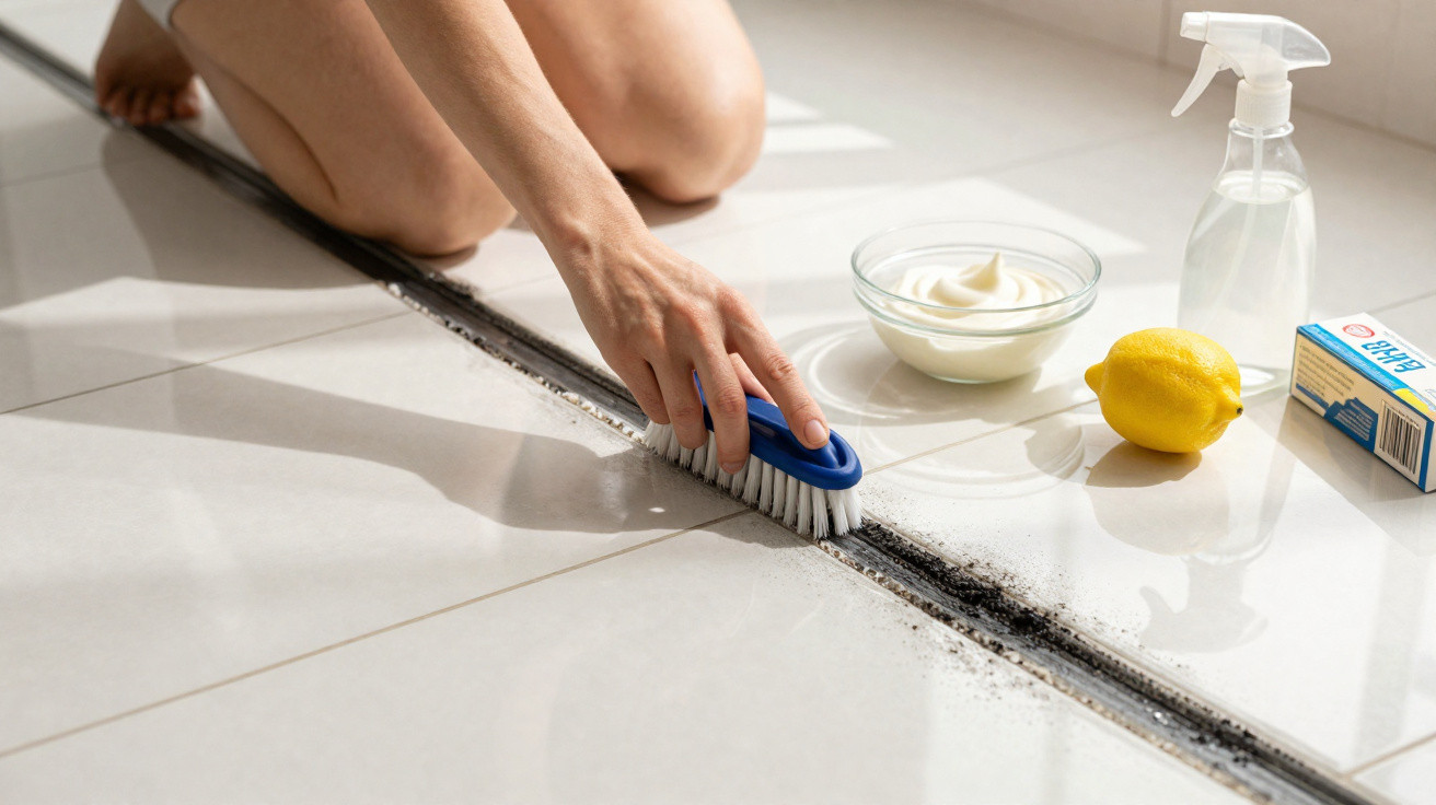 Person scrubbing black grime from tiled floor grout with a brush, lemon, spray bottle, baking soda, and cream nearby.