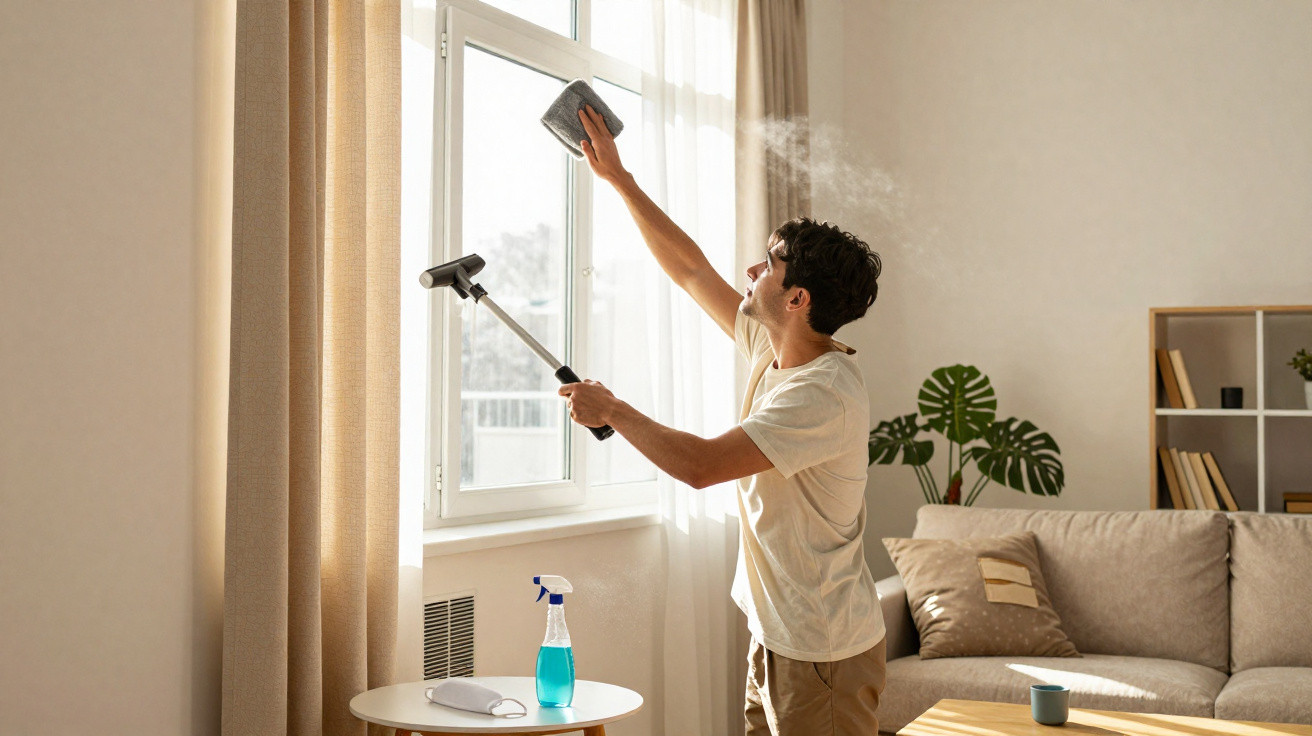Young man cleaning a large window in a bright living room using a cloth and spray bottle on a sunny day.