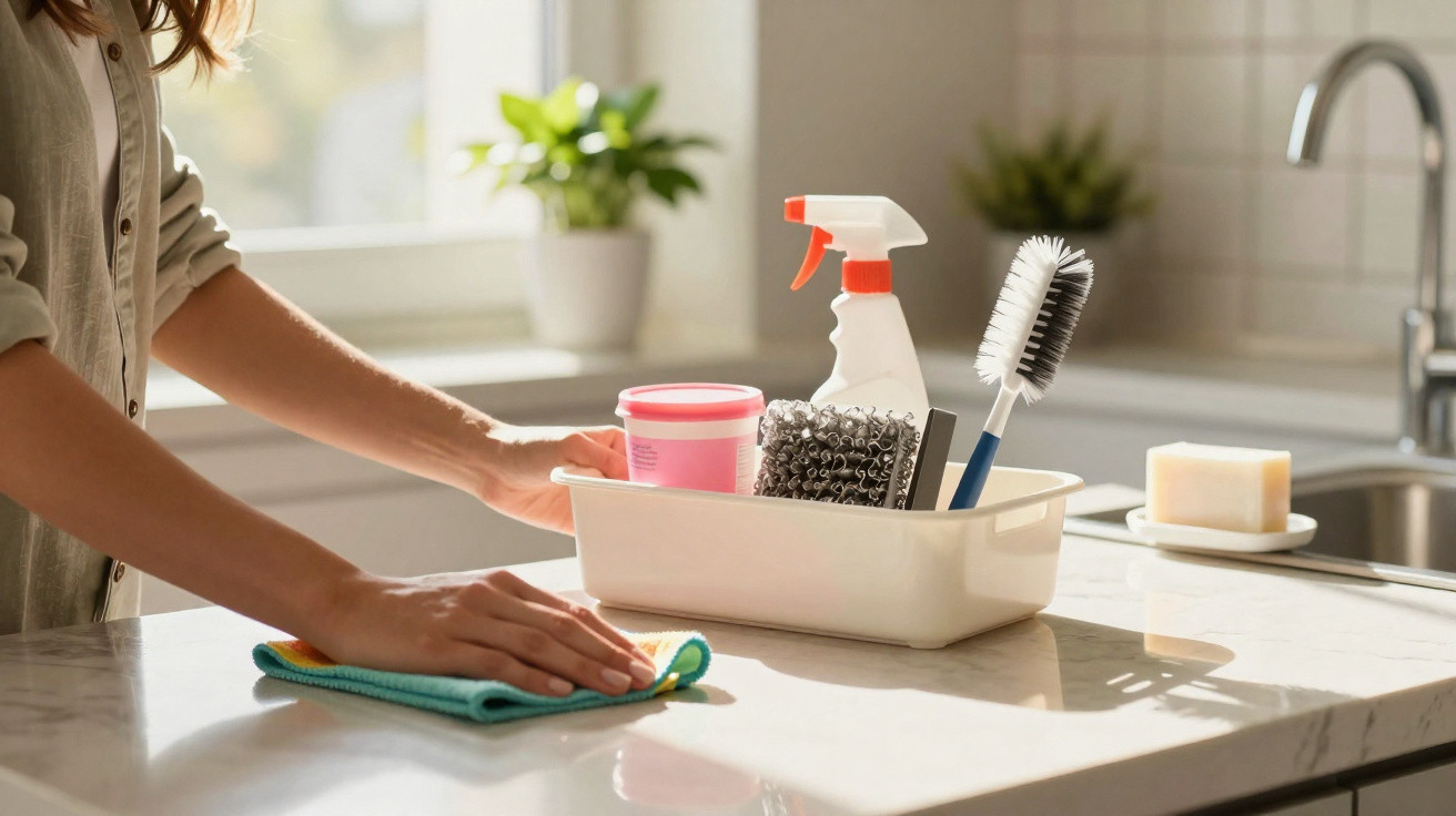Person wiping a kitchen countertop with a cloth, next to a container of cleaning supplies by the sink.