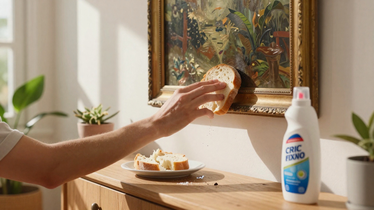 Person using a slice of bread to clean dust from a framed painting in a sunlit room.