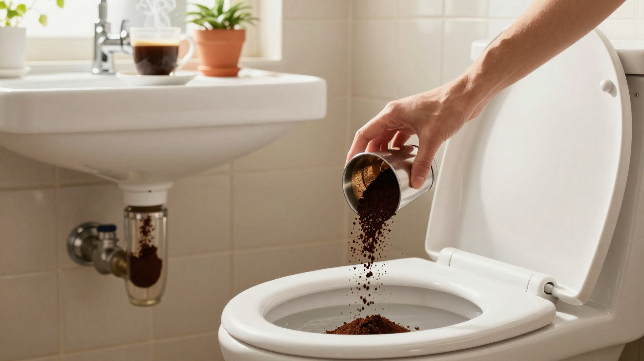 Hand pouring coffee grounds into a white toilet bowl in a bathroom with a sink and plant in the background.