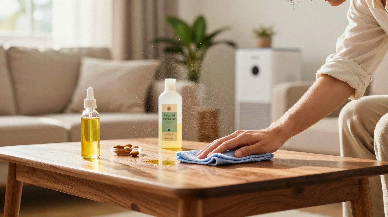 Person cleaning a wooden coffee table with a cloth and natural cleaning products in a living room.
