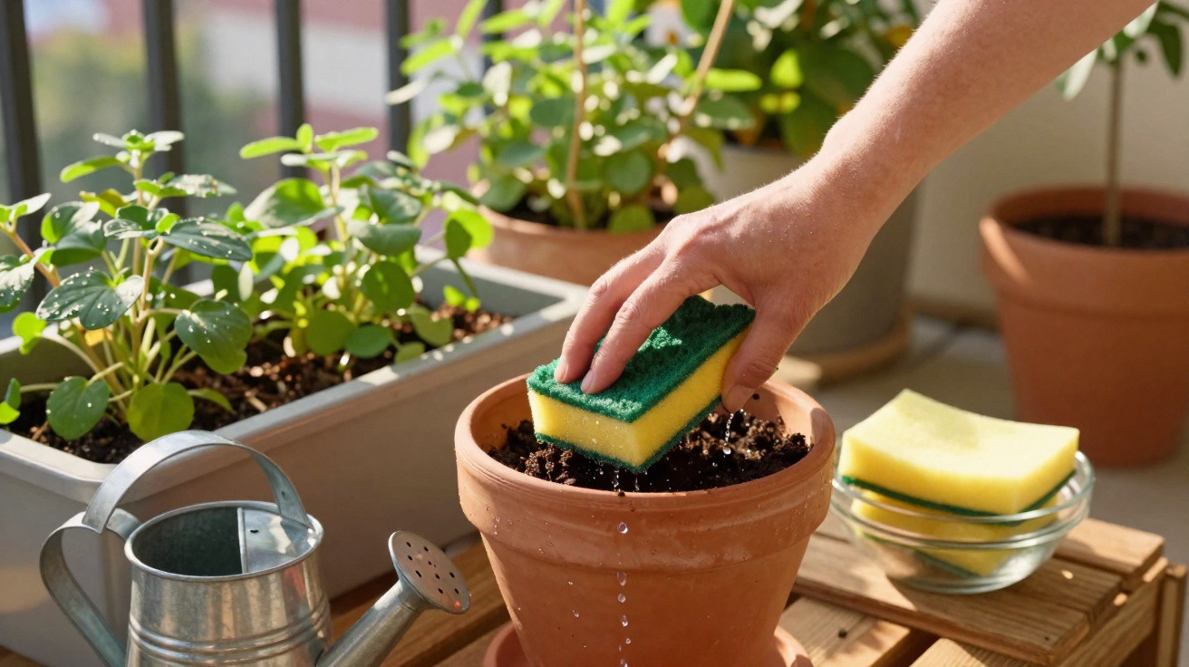 Hand holding a damp sponge dripping water into a terracotta pot filled with soil on a wooden table.