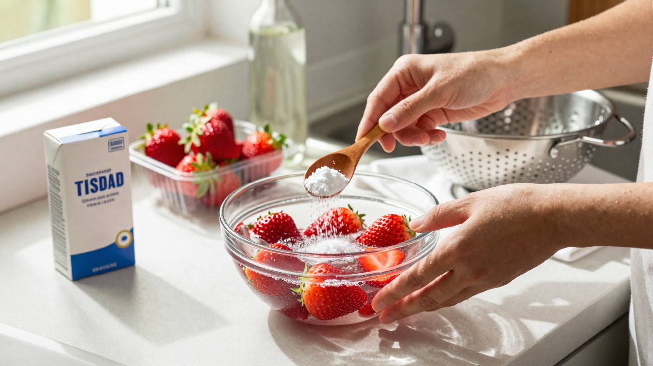 Person sprinkling salt from a wooden spoon onto strawberries in a glass bowl on a kitchen countertop.