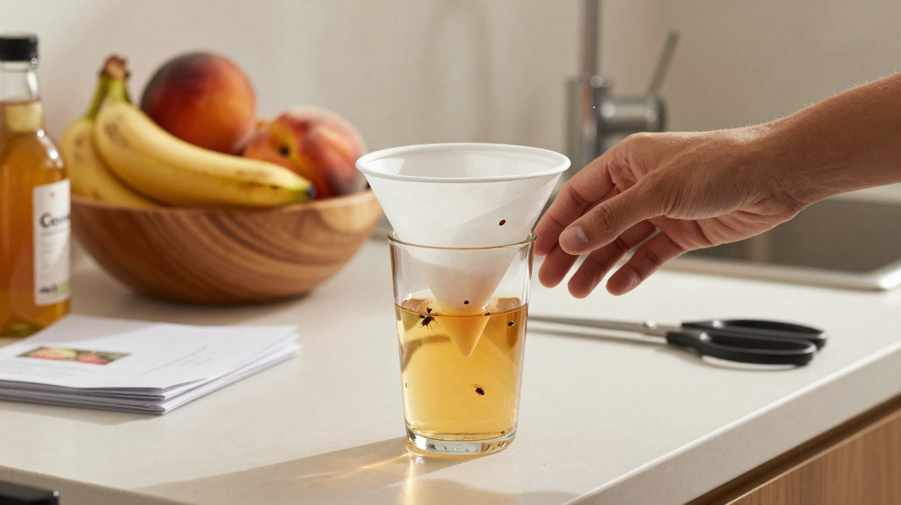 Hand using a white paper cone to trap flies inside a glass of yellow liquid on a kitchen countertop.