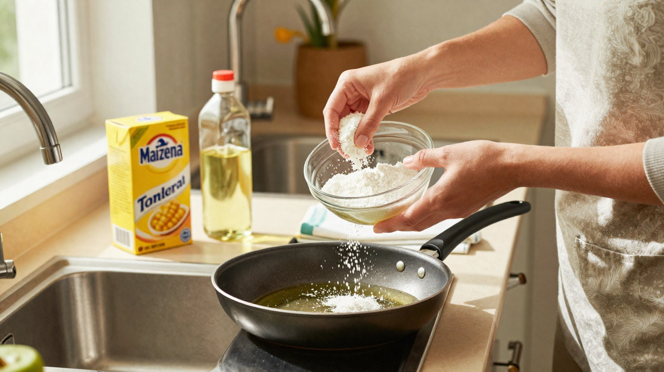 Person sprinkling cornflour from a bowl into a frying pan with oil on a kitchen stove.
