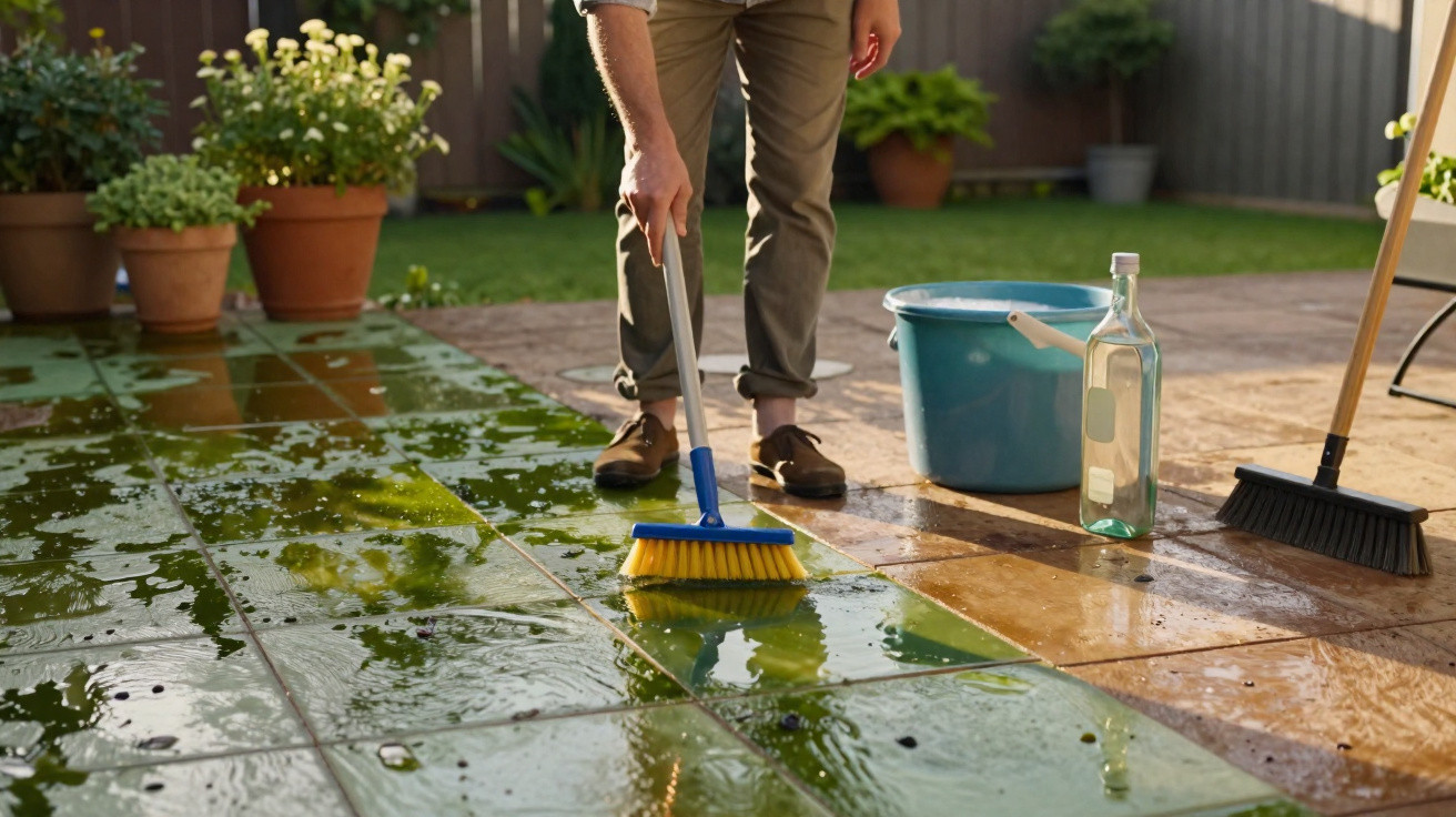 Person cleaning green outdoor tiles with a yellow brush beside a blue bucket and cleaning supplies in a garden.