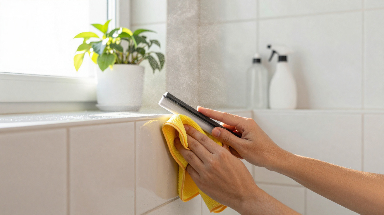 Person cleaning bathroom tiles with a yellow cloth and steam cleaner near a plant on a windowsill.