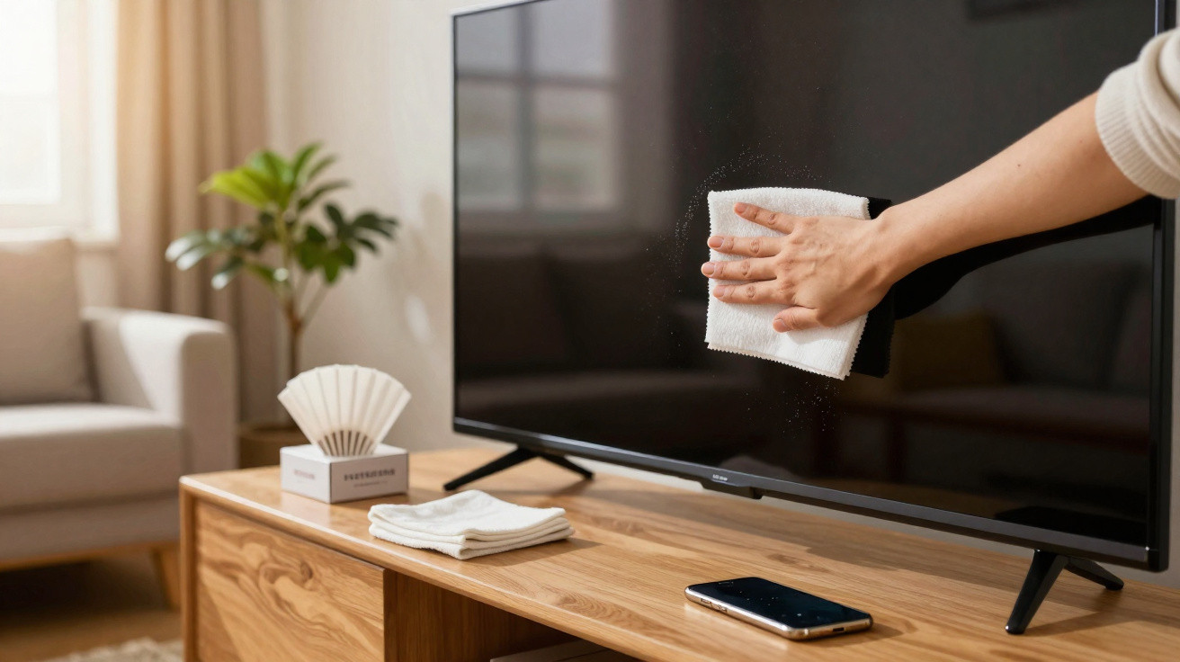 Hand wiping a flat-screen TV with a white cloth on a wooden TV stand in a bright living room.