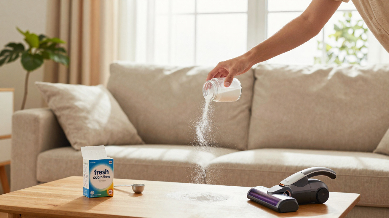 Person sprinkling fresh odour-free powder on a wooden table with sofa and vacuum cleaner nearby.