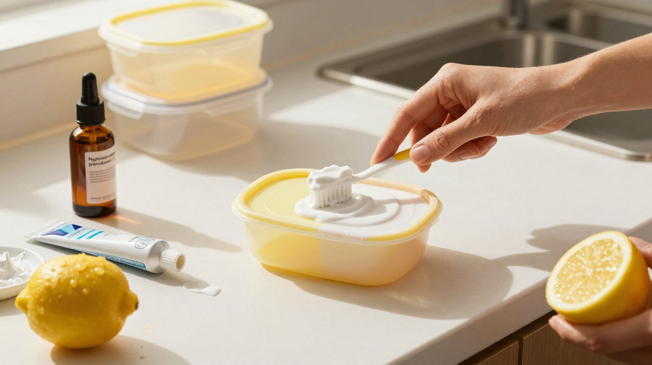 Person squeezing toothpaste onto a toothbrush over a small yellow container on a kitchen countertop.