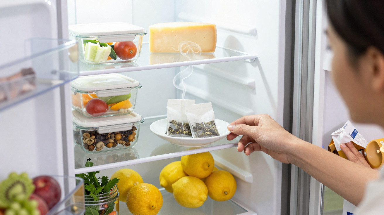 Open fridge with lemons, packaged vegetables, cheese, and a person placing a plate with tea bags inside.