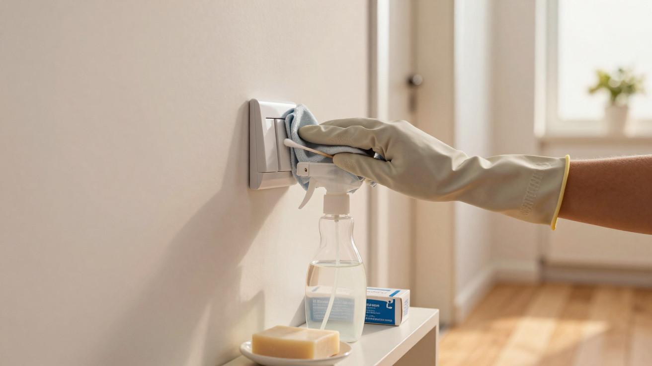 Person wearing rubber gloves cleaning a light switch with a cloth and spray bottle on a white wall.