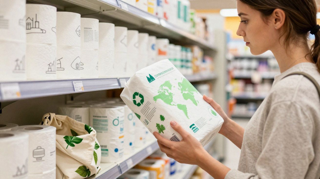 Woman examining eco-friendly toilet paper packaging in a supermarket aisle with various paper products on shelves.
