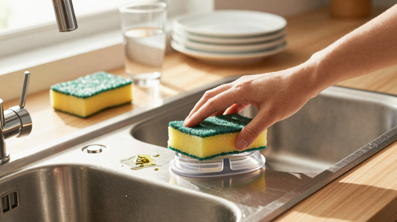 Hand pressing yellow and green kitchen sponge on plastic soap dispenser beside kitchen sink with stacked plates nearby.