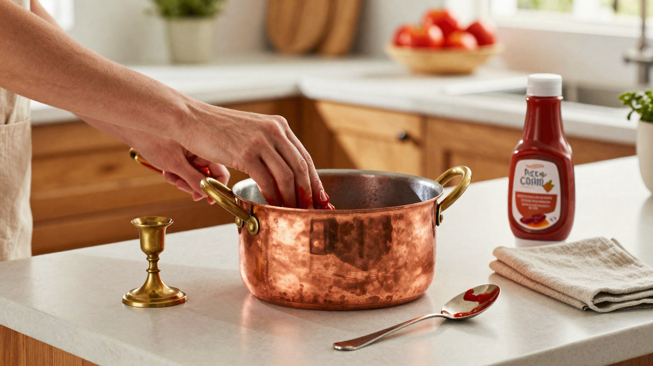 Person dipping hand into a copper pot of tomato sauce on a kitchen counter with spoon and ketchup bottle nearby.
