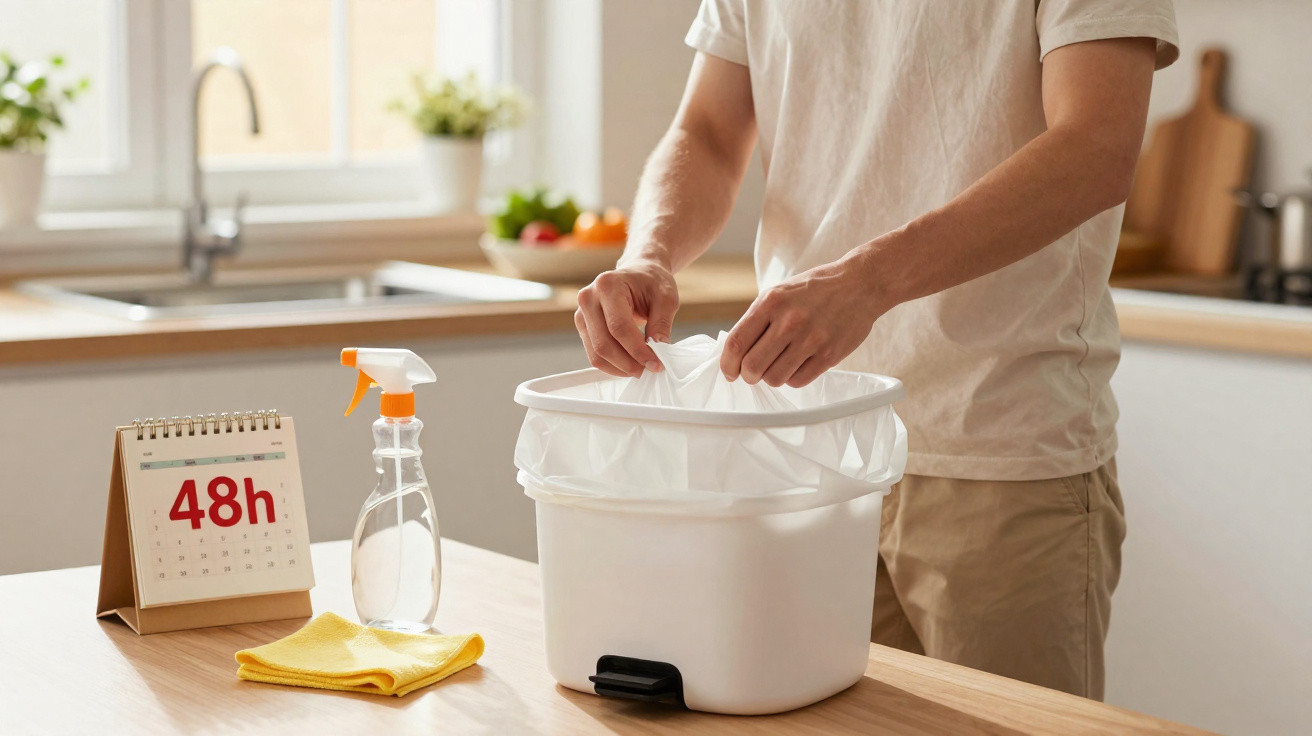Person placing a white bin liner into a white pedal bin on a kitchen counter with cleaning items and a 48h calendar.
