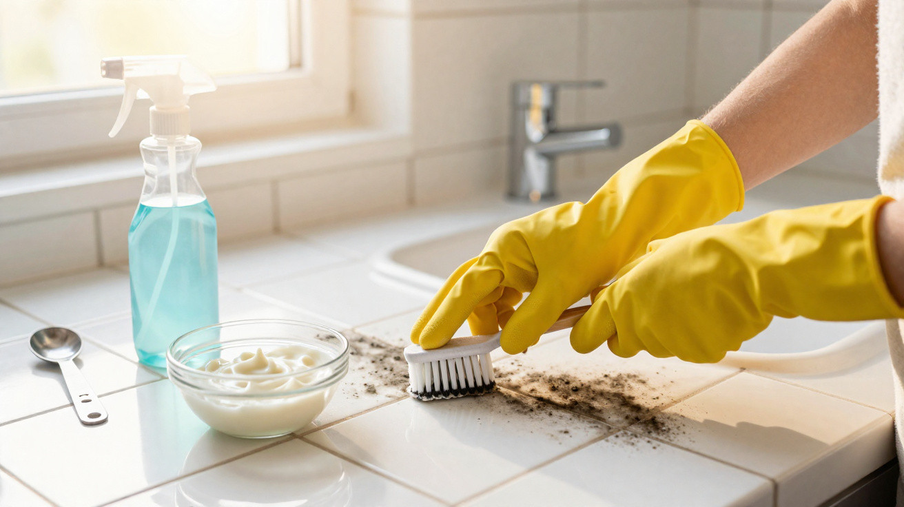 Hands in yellow gloves scrubbing dirt off white tiled surface with brush and cleaning supplies nearby.