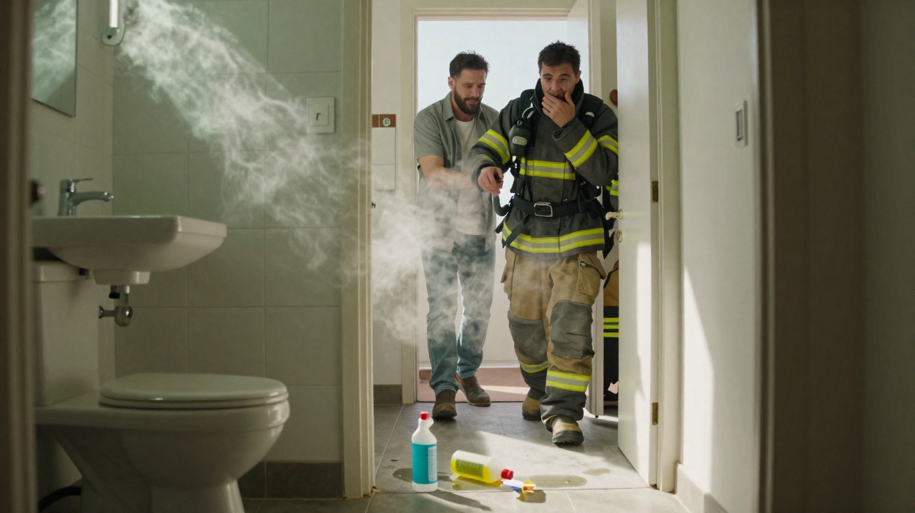 Firefighter covering mouth and guiding man through smoke-filled bathroom with fallen cleaning products on floor