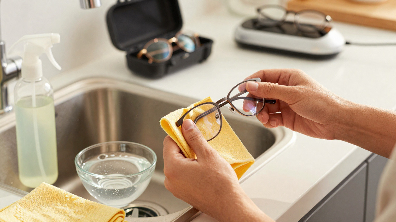 Person cleaning eyeglasses with a yellow cloth over a kitchen sink with cleaning supplies nearby.