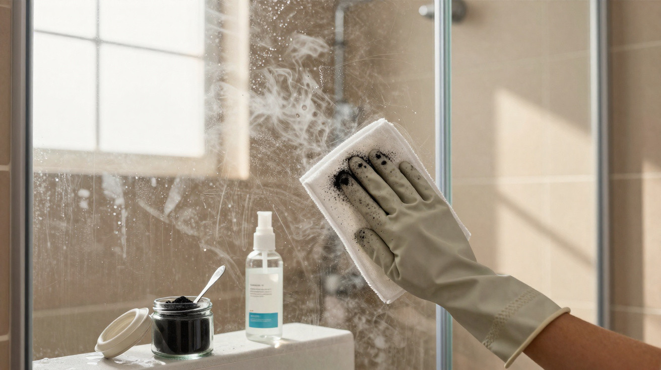 Hand in rubber glove cleaning a foggy bathroom mirror with a white cloth and black charcoal scrub.