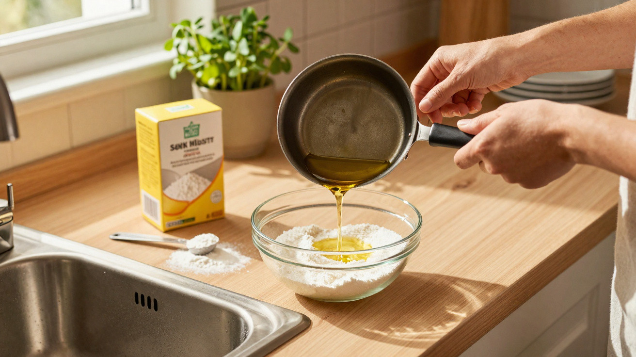 Hands pouring olive oil from a pan into a glass bowl with flour on a kitchen countertop next to a sink.