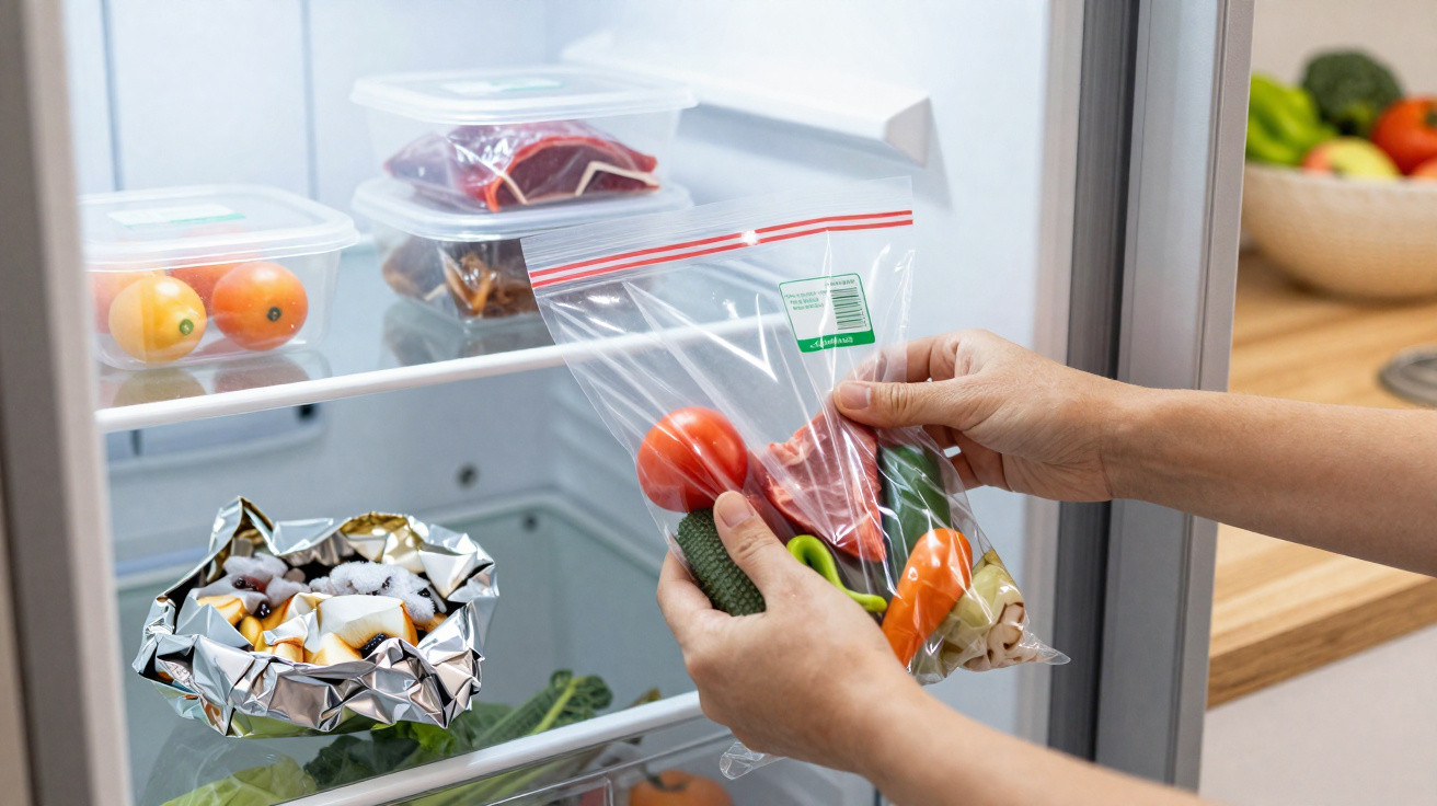 Hands placing fresh vegetables in a resealable plastic bag inside a fridge with other stored food containers.