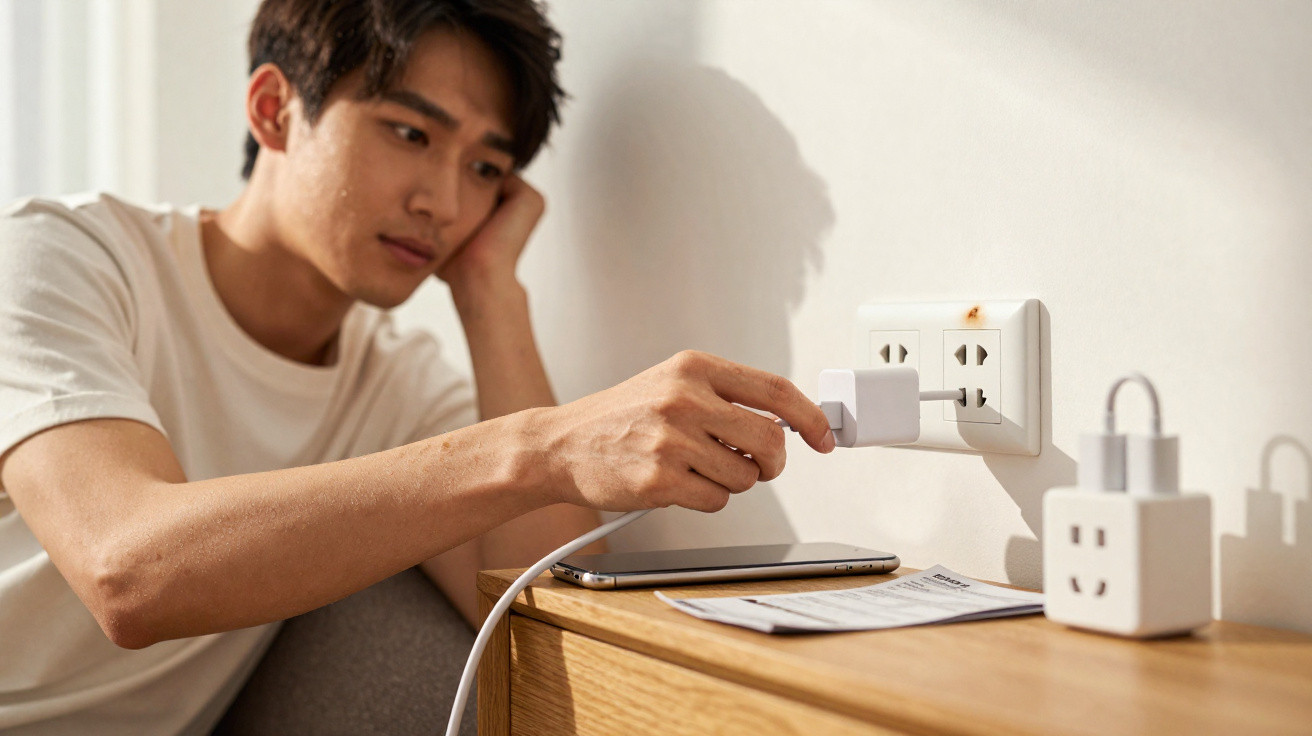 A man plugs a charger into a wall socket beside a smartphone and papers on a wooden table.
