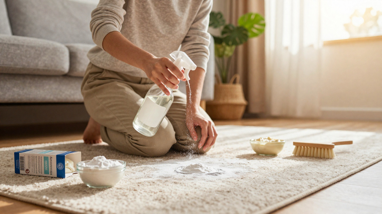 Person spraying cleaning solution on carpet stain with brush and cleaning powder nearby in living room.