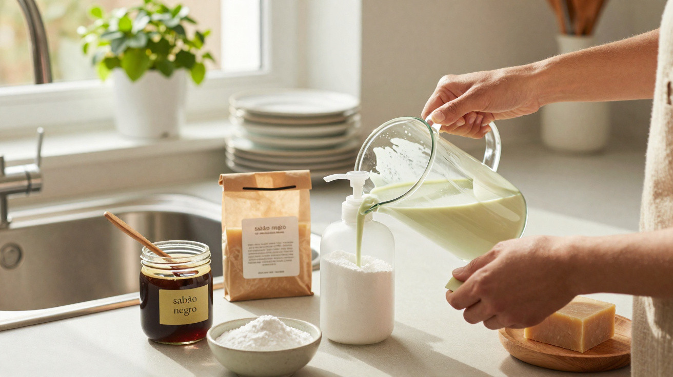 Hands pouring homemade green liquid soap into a dispenser on a kitchen counter with natural ingredients.