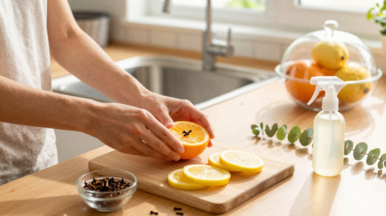 Hands inserting cloves into a halved orange on a wooden chopping board with lemon slices and a spray bottle nearby.