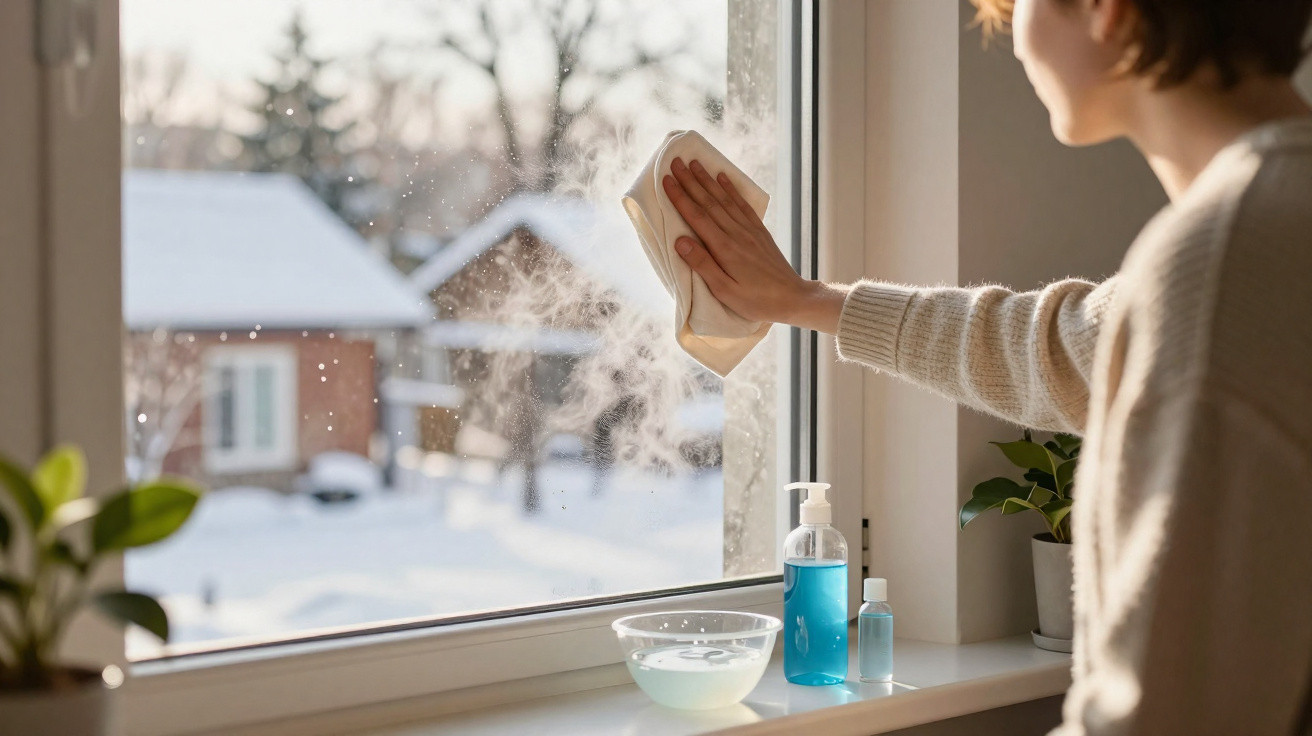 Person cleaning a window with a cloth on a snowy day, with cleaning supplies and plants on the sill.