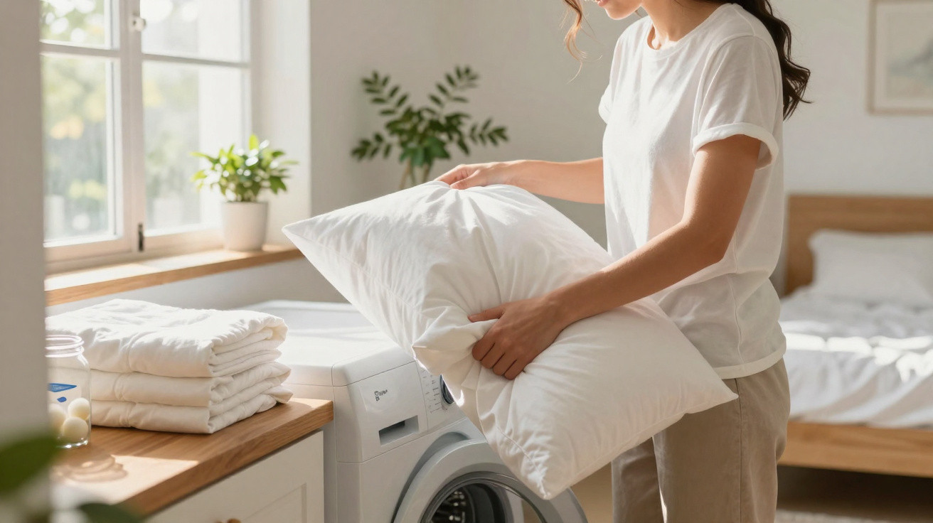 Person holding a white pillow near a washing machine in a bright bedroom with folded laundry on the counter.