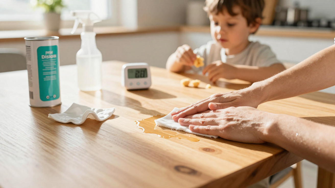 Hands wiping a spill on a wooden table with a child eating snacks in the background.