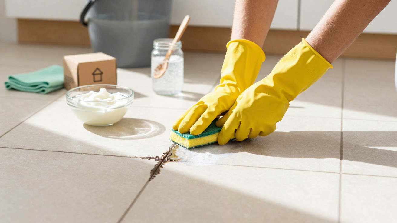 Hands wearing yellow gloves scrubbing grout lines on tiled floor with sponge and cleaning supplies nearby.