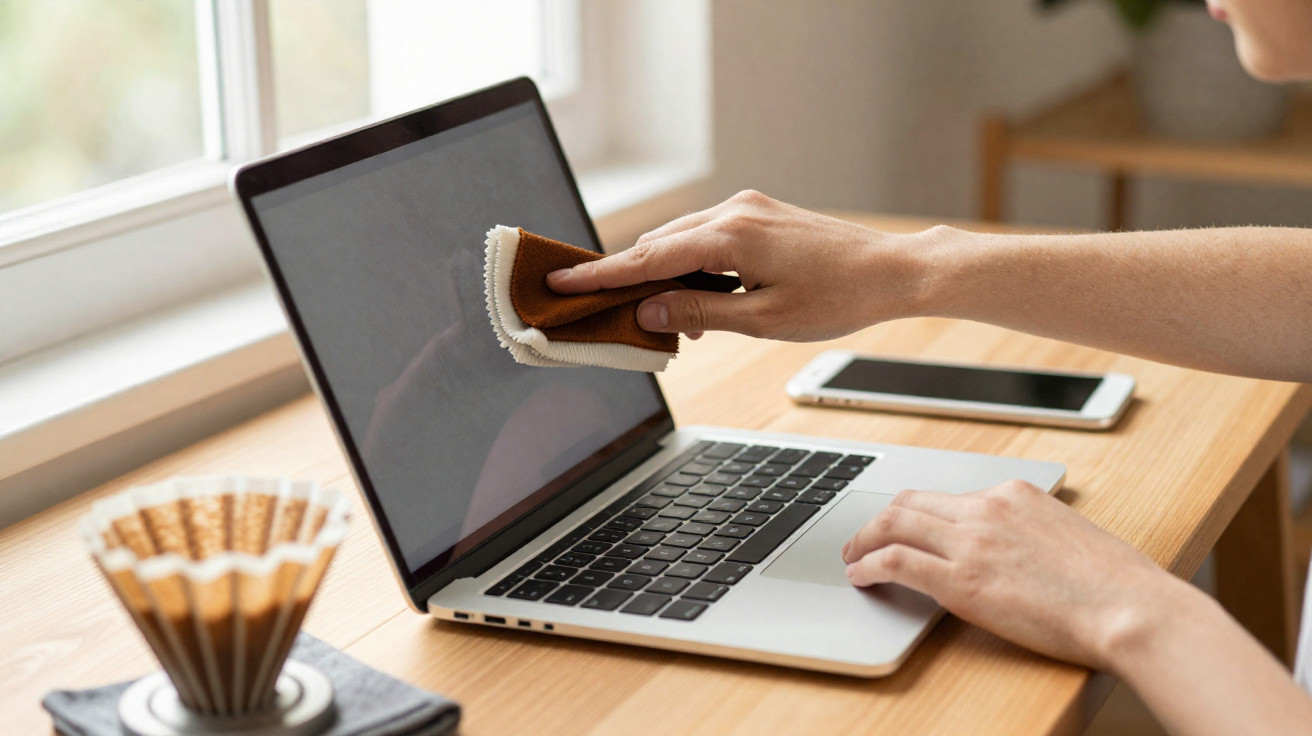 Person cleaning a laptop screen with a cloth on a wooden desk next to a smartphone and coffee dripper.