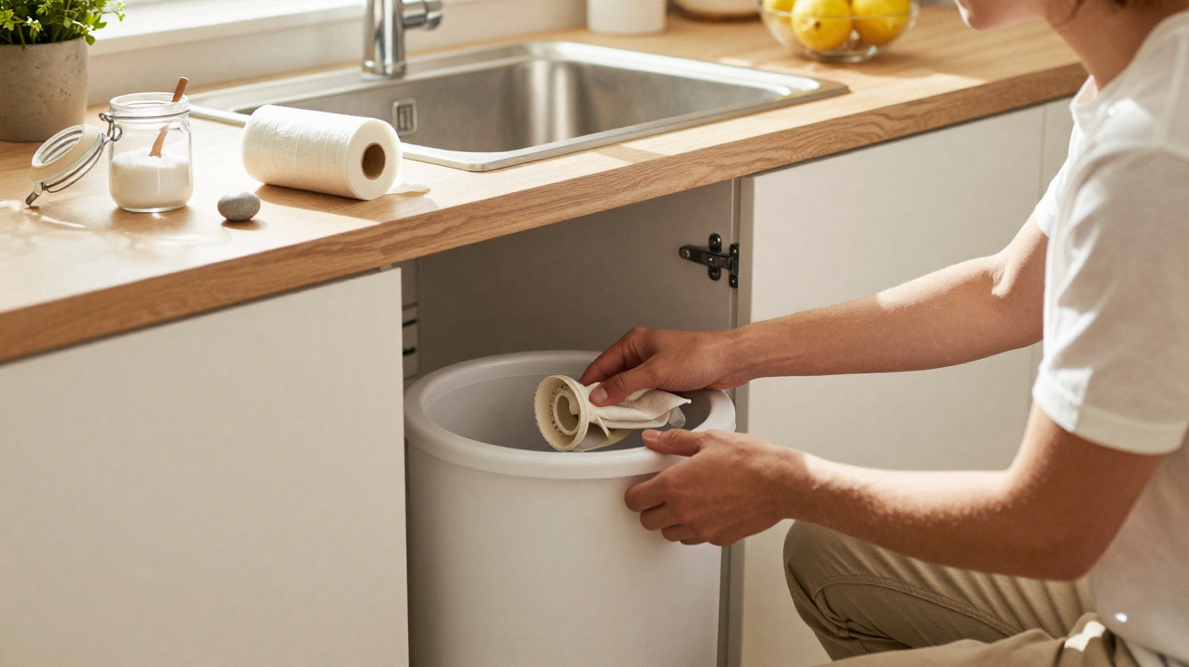 Person emptying used coffee filter into a bin under a kitchen sink with wooden countertop.