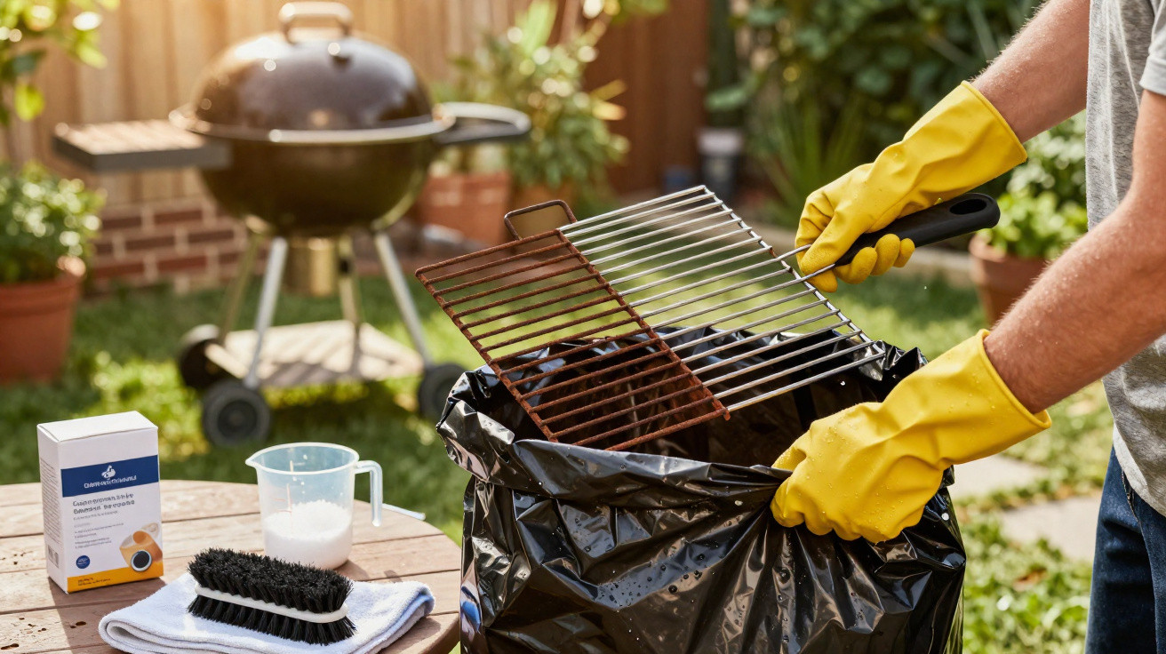 Person wearing yellow gloves disposing of a barbecue grill rack into a black bin bag in a garden.