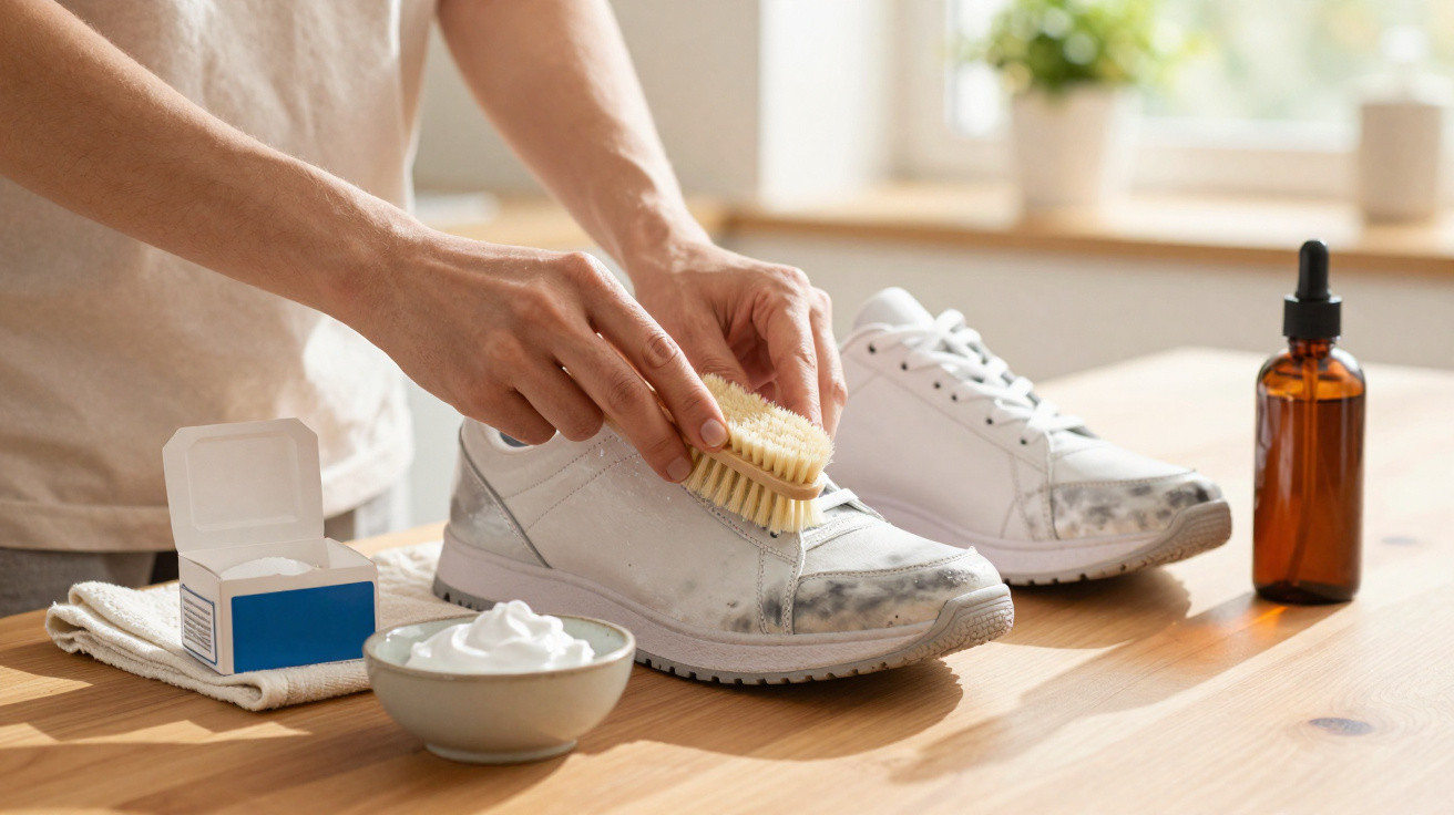 Person cleaning white sneakers with a brush and cleaning products on a wooden table near a window.